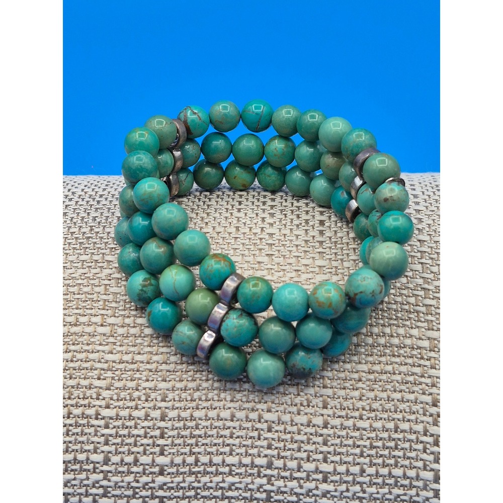 Green Bead Triple Strand Stretch Wrap Bracelet Blue Green Silver Tone Spacer